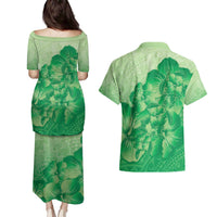 Aloha Hawaii Molokai Island Couples Matching Puletasi and Hawaiian Shirt Hibiscus Tribal Honu Hawaiian Tattoo Green LT14 - Polynesian Pride