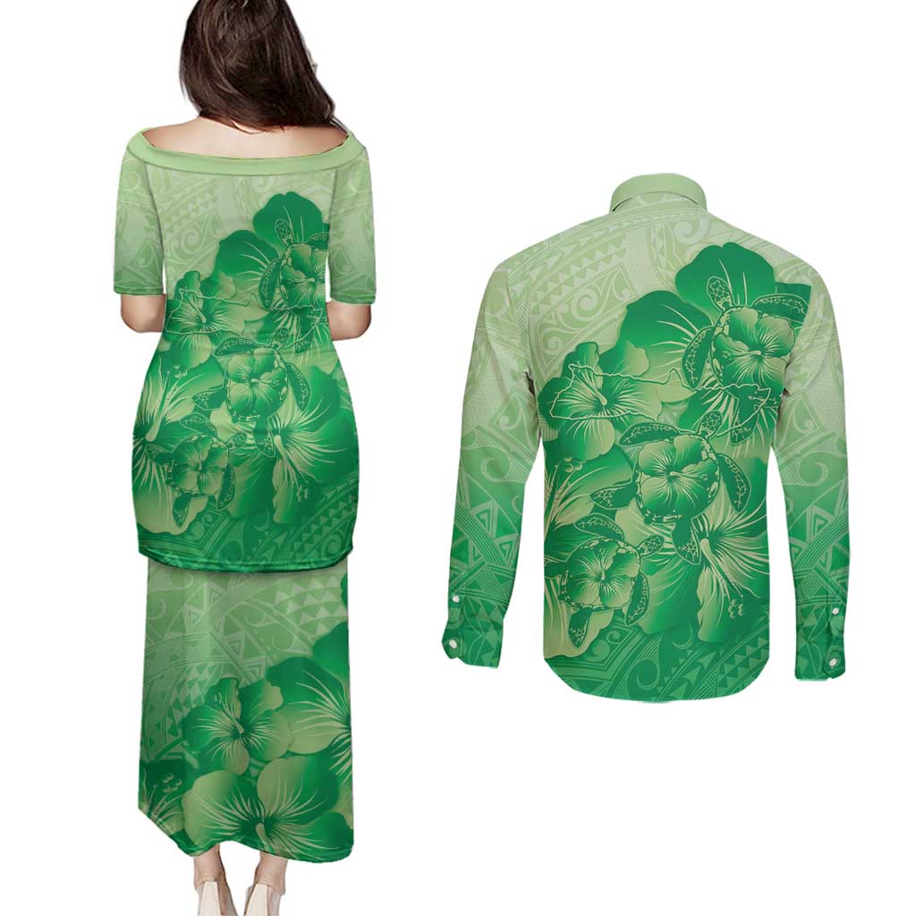Aloha Hawaii Molokai Island Couples Matching Puletasi and Long Sleeve Button Shirt Hibiscus Tribal Honu Hawaiian Tattoo Green LT14 - Polynesian Pride