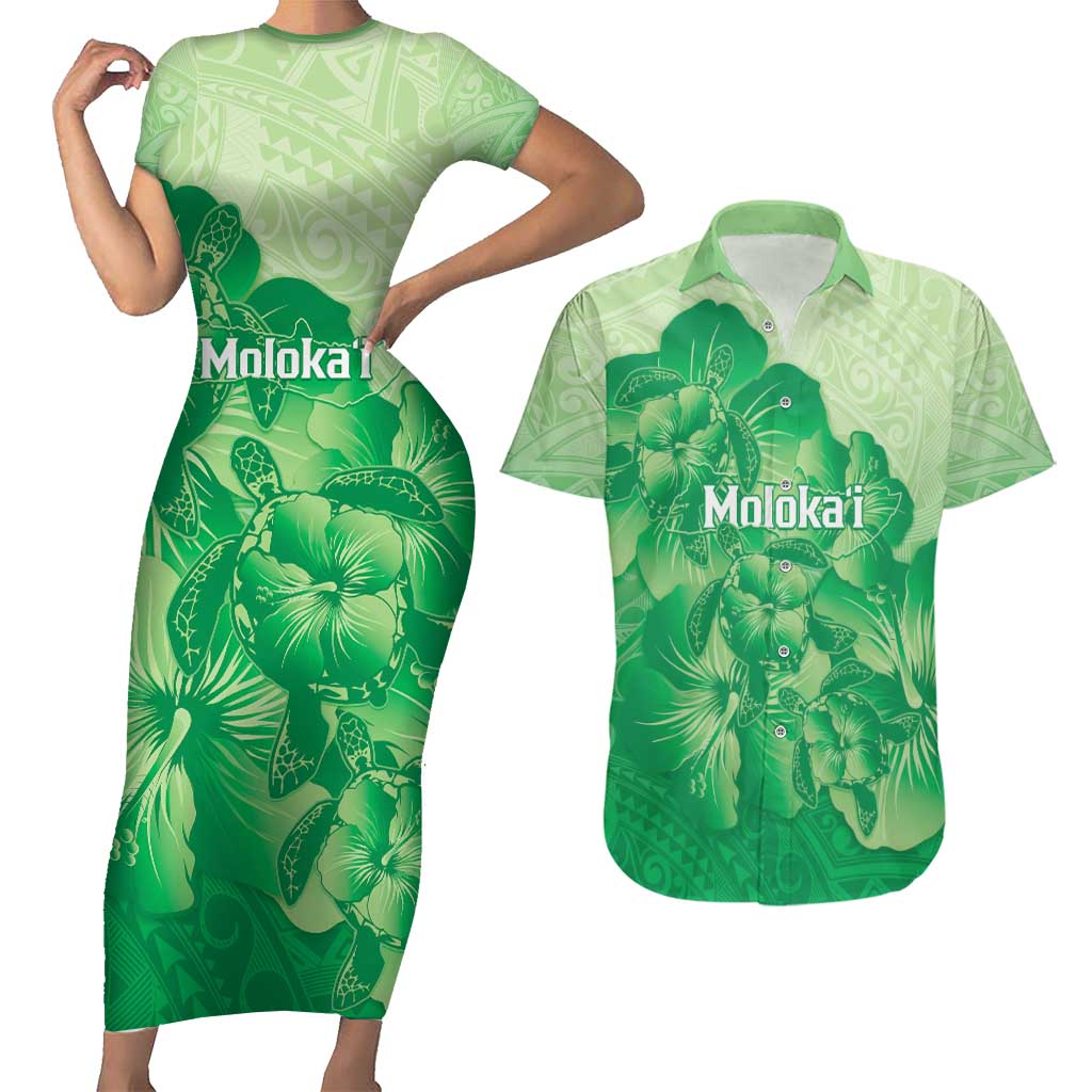 Aloha Hawaii Molokai Island Couples Matching Short Sleeve Bodycon Dress and Hawaiian Shirt Hibiscus Tribal Honu Hawaiian Tattoo Green LT14 Green - Polynesian Pride