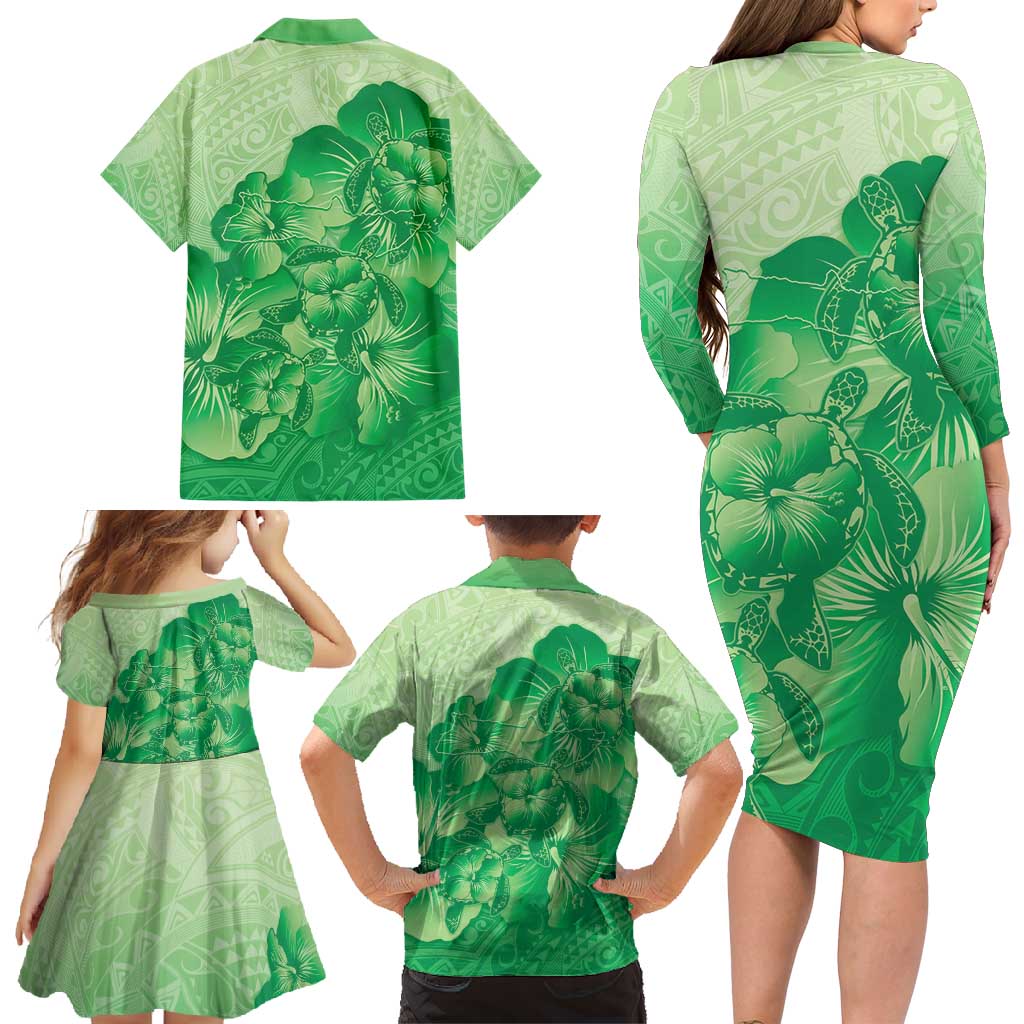 Aloha Hawaii Molokai Island Family Matching Long Sleeve Bodycon Dress and Hawaiian Shirt Hibiscus Tribal Honu Hawaiian Tattoo Green LT14 - Polynesian Pride