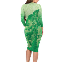 Aloha Hawaii Molokai Island Family Matching Long Sleeve Bodycon Dress and Hawaiian Shirt Hibiscus Tribal Honu Hawaiian Tattoo Green LT14 - Polynesian Pride