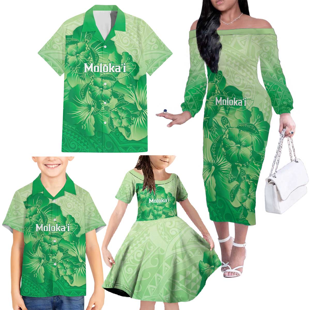 Aloha Hawaii Molokai Island Family Matching Off The Shoulder Long Sleeve Dress and Hawaiian Shirt Hibiscus Tribal Honu Hawaiian Tattoo Green LT14 - Polynesian Pride