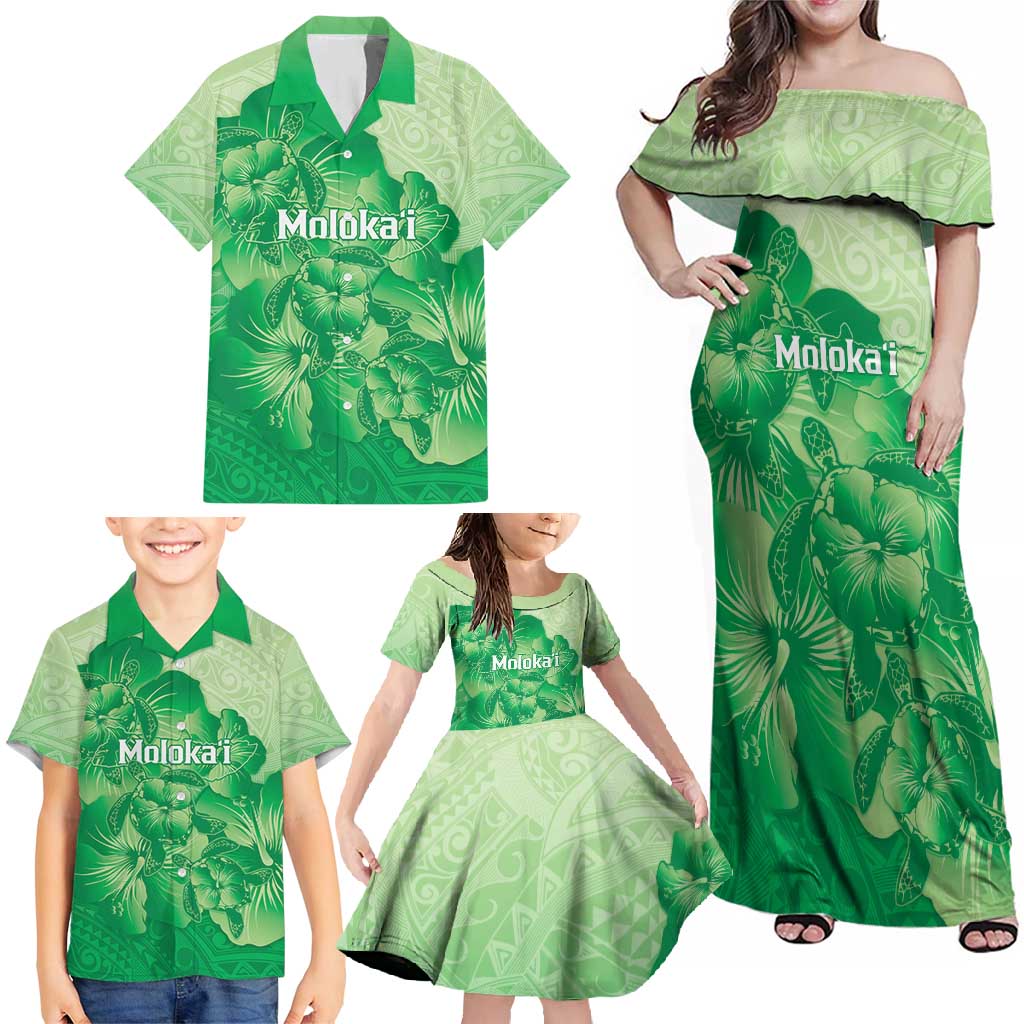 Aloha Hawaii Molokai Island Family Matching Off Shoulder Maxi Dress and Hawaiian Shirt Hibiscus Tribal Honu Hawaiian Tattoo Green LT14 - Polynesian Pride