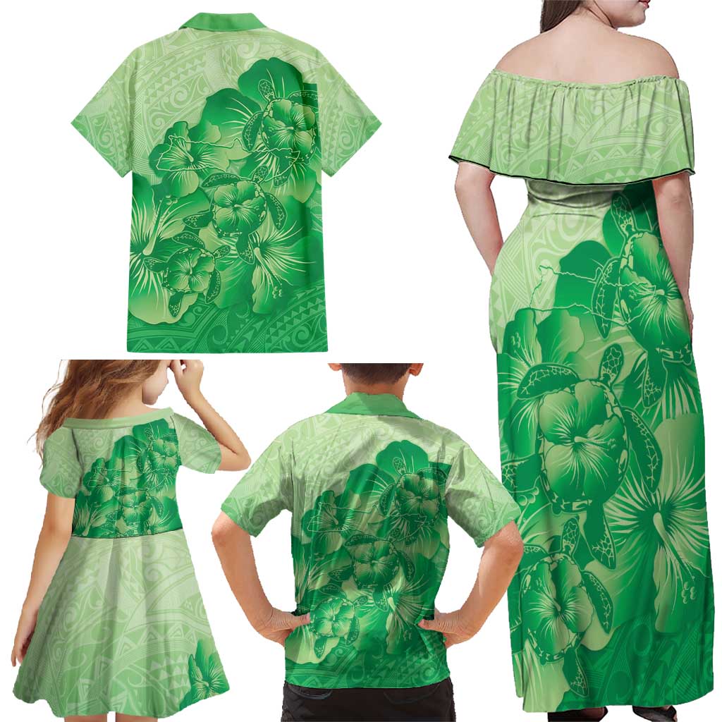 Aloha Hawaii Molokai Island Family Matching Off Shoulder Maxi Dress and Hawaiian Shirt Hibiscus Tribal Honu Hawaiian Tattoo Green LT14 - Polynesian Pride