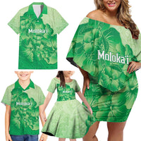 Aloha Hawaii Molokai Island Family Matching Off Shoulder Short Dress and Hawaiian Shirt Hibiscus Tribal Honu Hawaiian Tattoo Green LT14 - Polynesian Pride