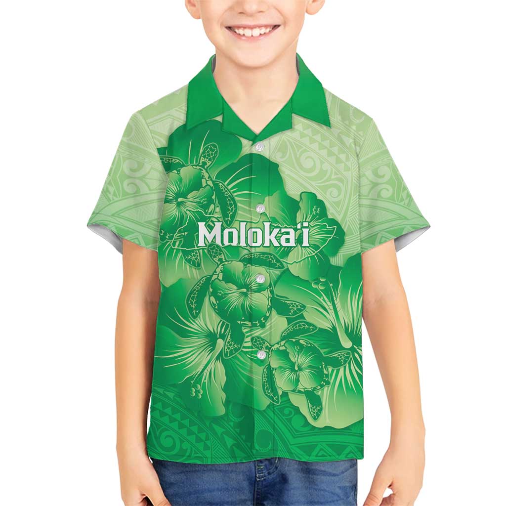 Aloha Hawaii Molokai Island Family Matching Off Shoulder Short Dress and Hawaiian Shirt Hibiscus Tribal Honu Hawaiian Tattoo Green LT14 Son's Shirt Green - Polynesian Pride
