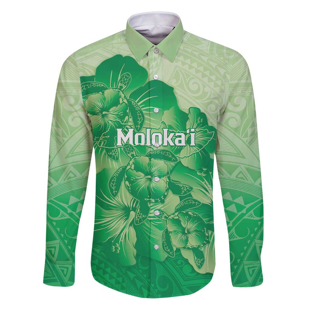 Aloha Hawaii Molokai Island Family Matching Puletasi and Hawaiian Shirt Hibiscus Tribal Honu Hawaiian Tattoo Green LT14 Dad's Shirt - Long Sleeve Green - Polynesian Pride