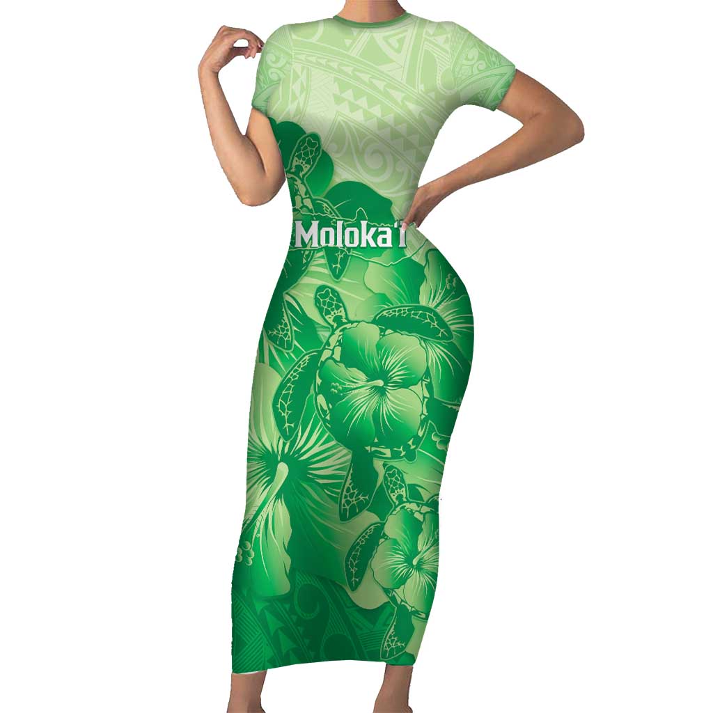 Aloha Hawaii Molokai Island Family Matching Short Sleeve Bodycon Dress and Hawaiian Shirt Hibiscus Tribal Honu Hawaiian Tattoo Green LT14 Mom's Dress Green - Polynesian Pride