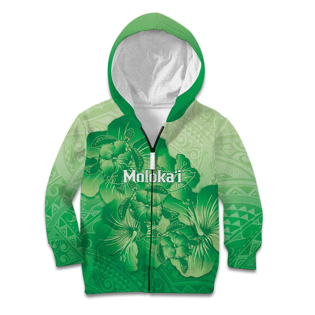 Aloha Hawaii Molokai Island Kid Hoodie Hibiscus Tribal Honu Hawaiian Tattoo Green LT14 Zip Hoodie Green - Polynesian Pride