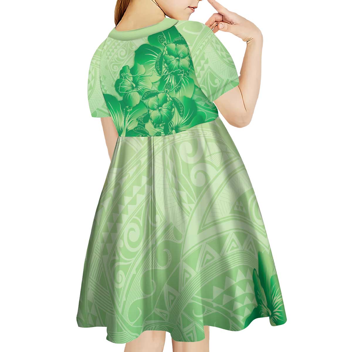 Aloha Hawaii Molokai Island Kid Short Sleeve Dress Hibiscus Tribal Honu Hawaiian Tattoo Green LT14 - Polynesian Pride