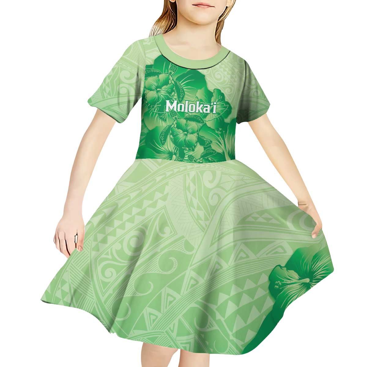 Aloha Hawaii Molokai Island Kid Short Sleeve Dress Hibiscus Tribal Honu Hawaiian Tattoo Green LT14 - Polynesian Pride