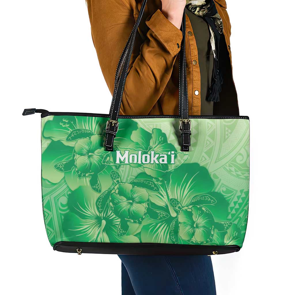 Aloha Hawaii Molokai Island Leather Tote Bag Hibiscus Tribal Honu Hawaiian Tattoo Green LT14 - Polynesian Pride