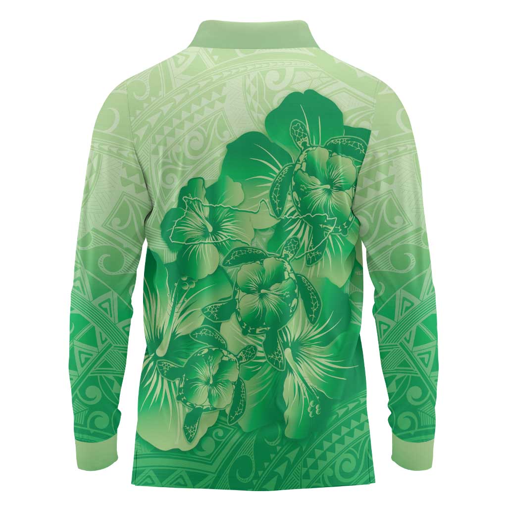 Aloha Hawaii Molokai Island Long Sleeve Polo Shirt Hibiscus Tribal Honu Hawaiian Tattoo Green LT14 - Polynesian Pride
