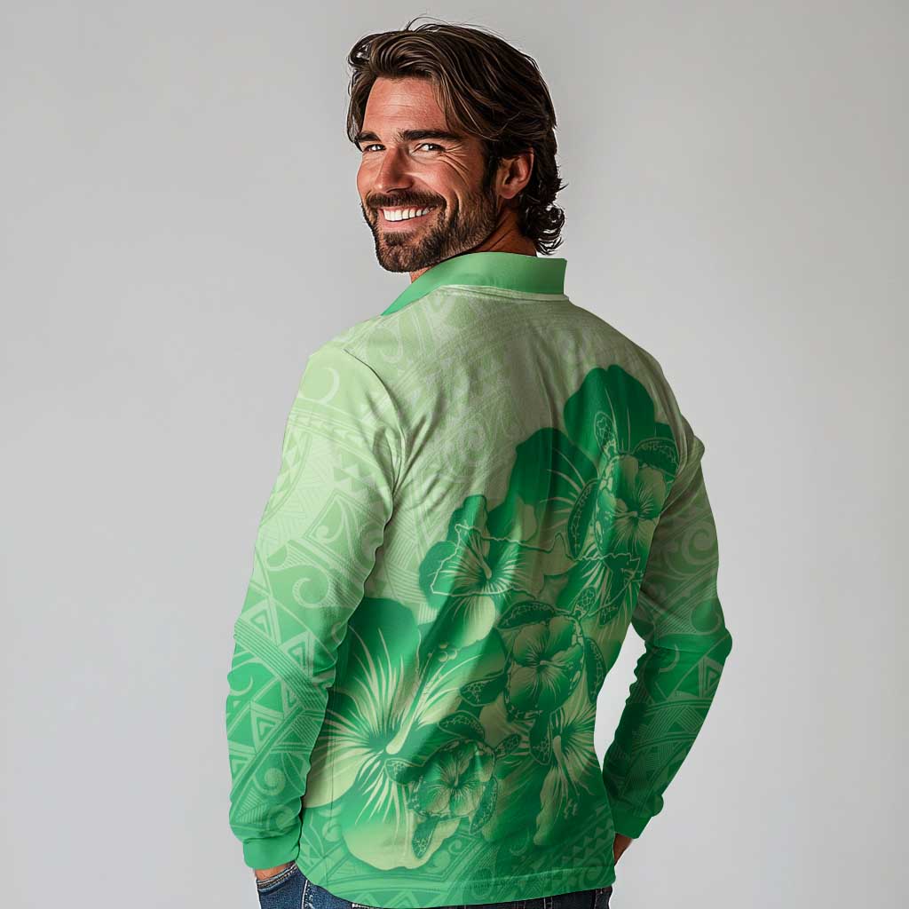 Aloha Hawaii Molokai Island Long Sleeve Polo Shirt Hibiscus Tribal Honu Hawaiian Tattoo Green LT14 - Polynesian Pride