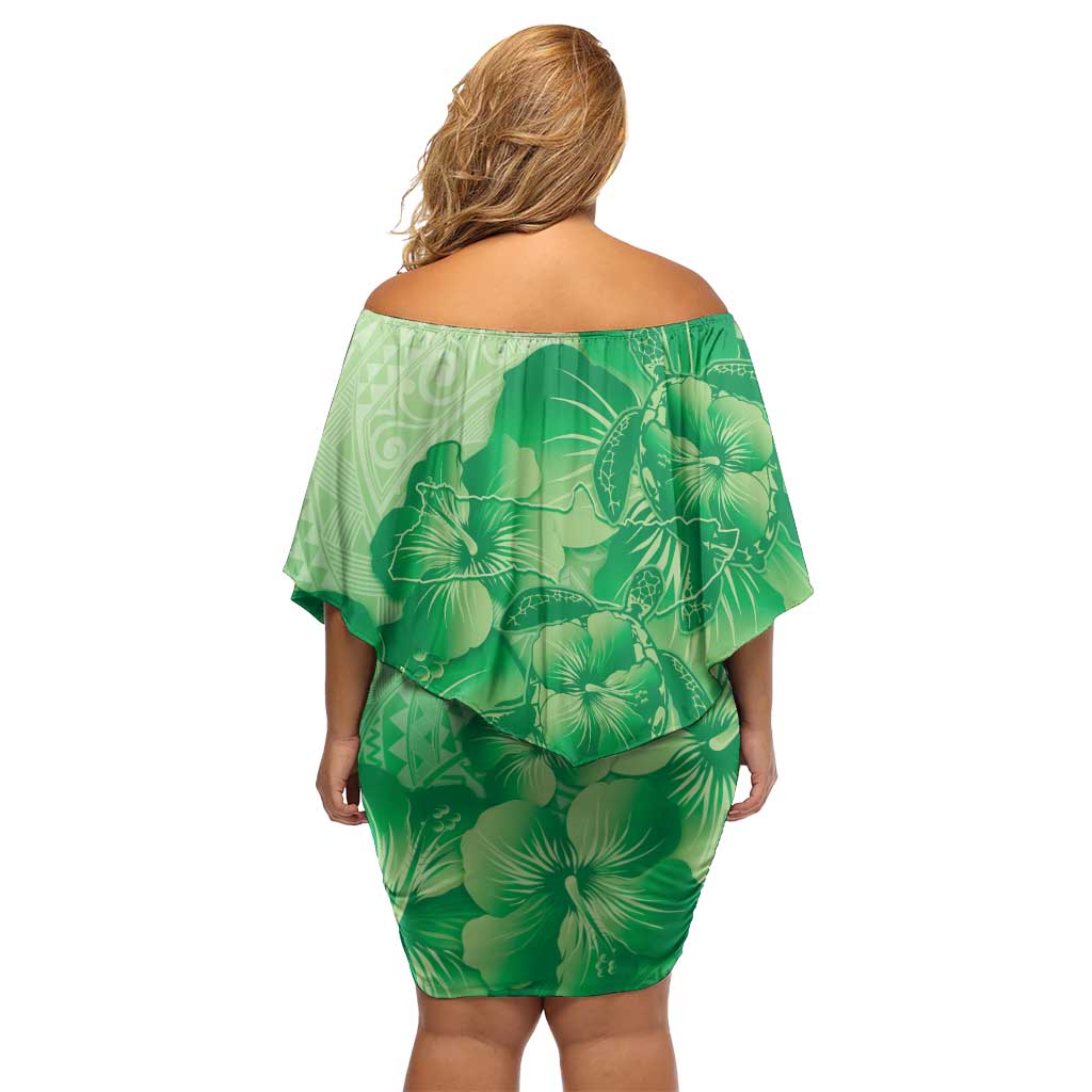Aloha Hawaii Molokai Island Off Shoulder Short Dress Hibiscus Tribal Honu Hawaiian Tattoo Green LT14 - Polynesian Pride