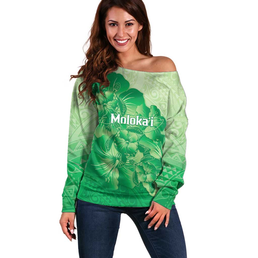 Aloha Hawaii Molokai Island Off Shoulder Sweater Hibiscus Tribal Honu Hawaiian Tattoo Green LT14 Women Green - Polynesian Pride