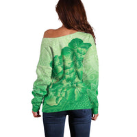 Aloha Hawaii Molokai Island Off Shoulder Sweater Hibiscus Tribal Honu Hawaiian Tattoo Green LT14 - Polynesian Pride