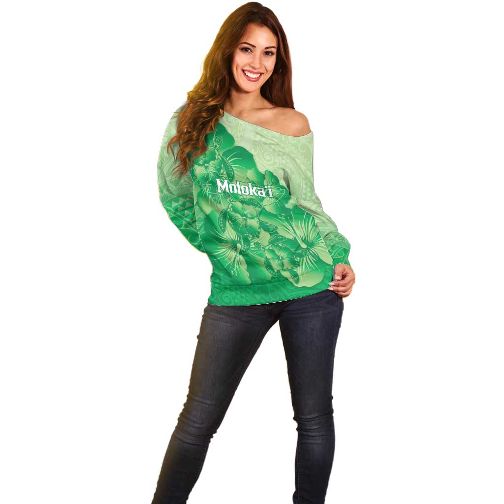 Aloha Hawaii Molokai Island Off Shoulder Sweater Hibiscus Tribal Honu Hawaiian Tattoo Green LT14 - Polynesian Pride