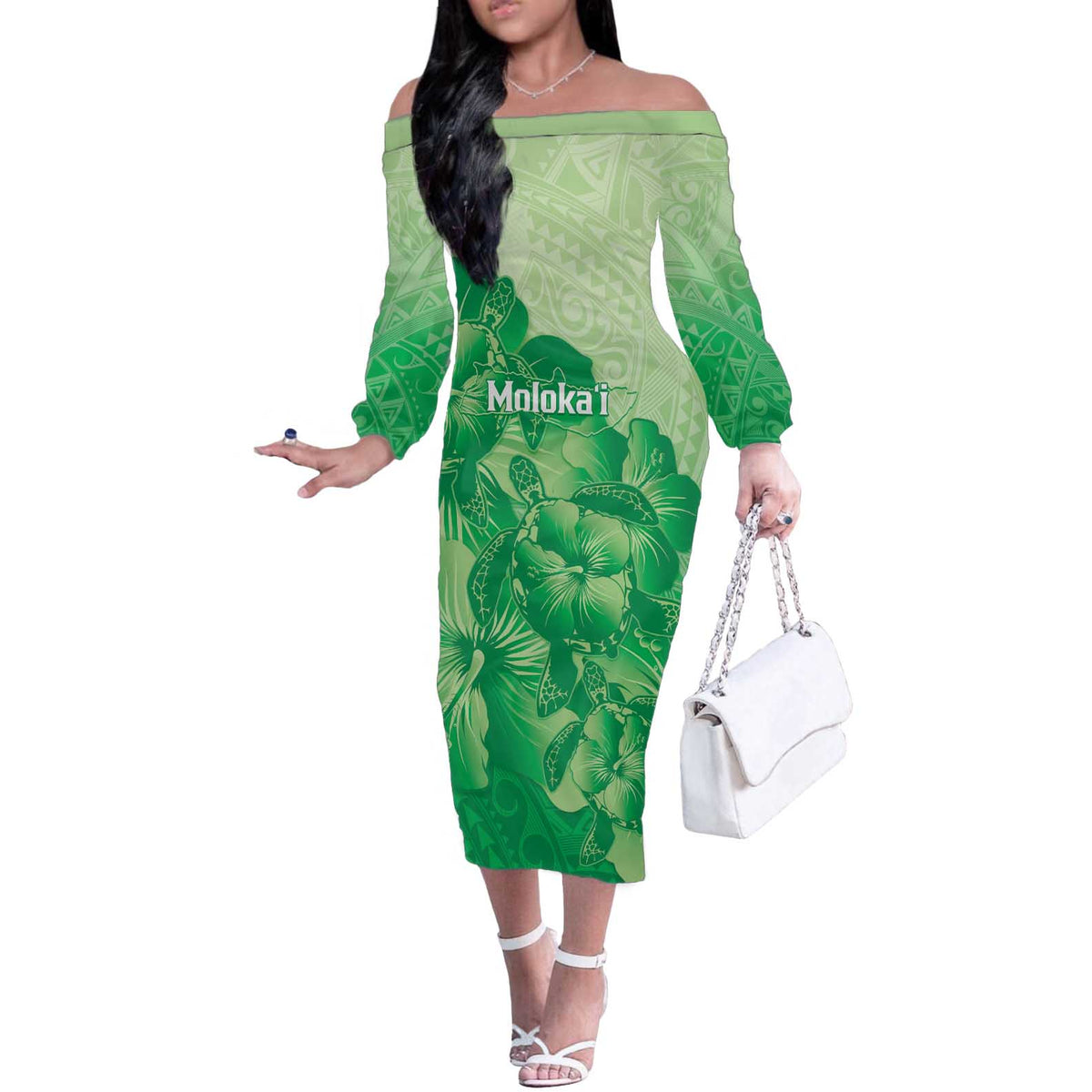 Aloha Hawaii Molokai Island Off The Shoulder Long Sleeve Dress Hibiscus Tribal Honu Hawaiian Tattoo Green LT14 Women Green - Polynesian Pride