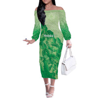 Aloha Hawaii Molokai Island Off The Shoulder Long Sleeve Dress Hibiscus Tribal Honu Hawaiian Tattoo Green LT14 Women Green - Polynesian Pride