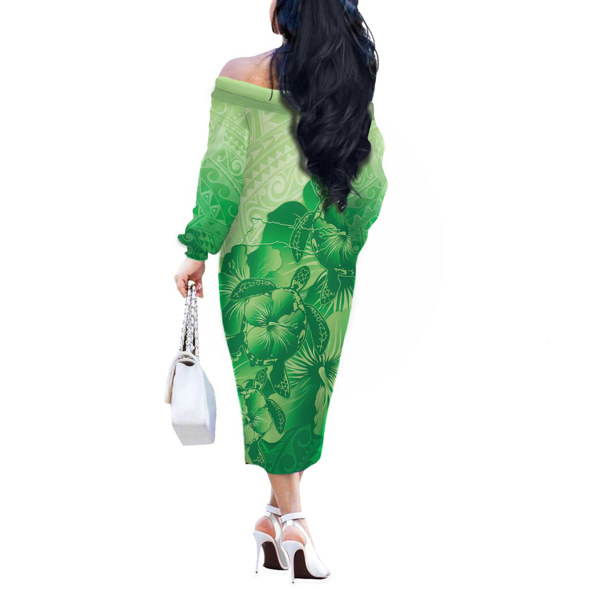 Aloha Hawaii Molokai Island Off The Shoulder Long Sleeve Dress Hibiscus Tribal Honu Hawaiian Tattoo Green LT14 - Polynesian Pride