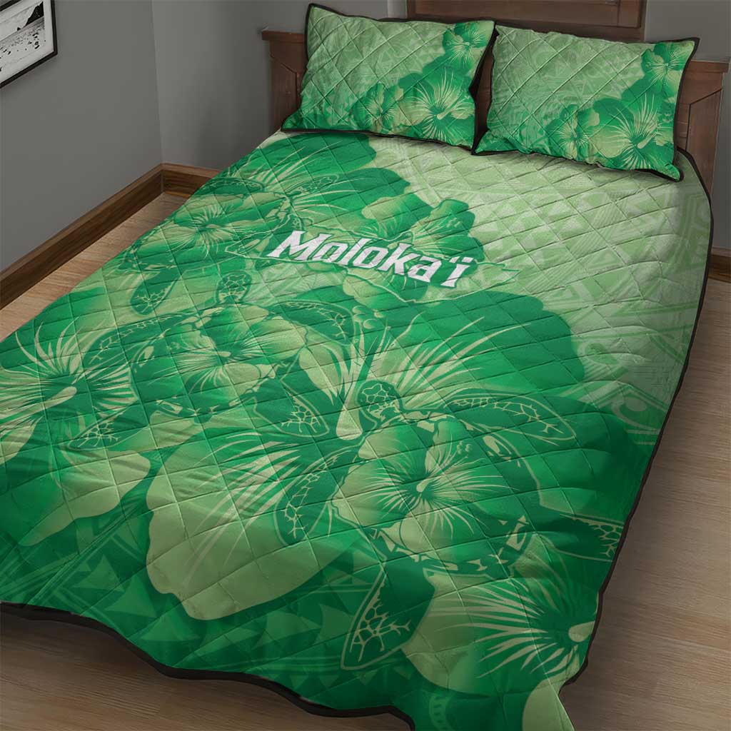 Aloha Hawaii Molokai Island Quilt Bed Set Hibiscus Tribal Honu Hawaiian Tattoo Green LT14 - Polynesian Pride