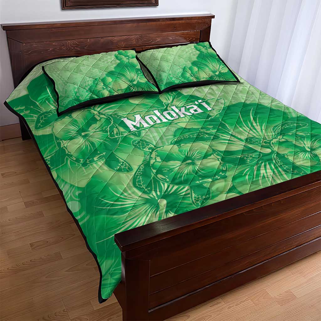 Aloha Hawaii Molokai Island Quilt Bed Set Hibiscus Tribal Honu Hawaiian Tattoo Green LT14 - Polynesian Pride