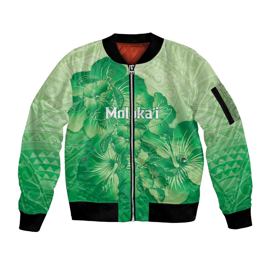 Aloha Hawaii Molokai Island Sleeve Zip Bomber Jacket Hibiscus Tribal Honu Hawaiian Tattoo Green LT14 Unisex Green - Polynesian Pride