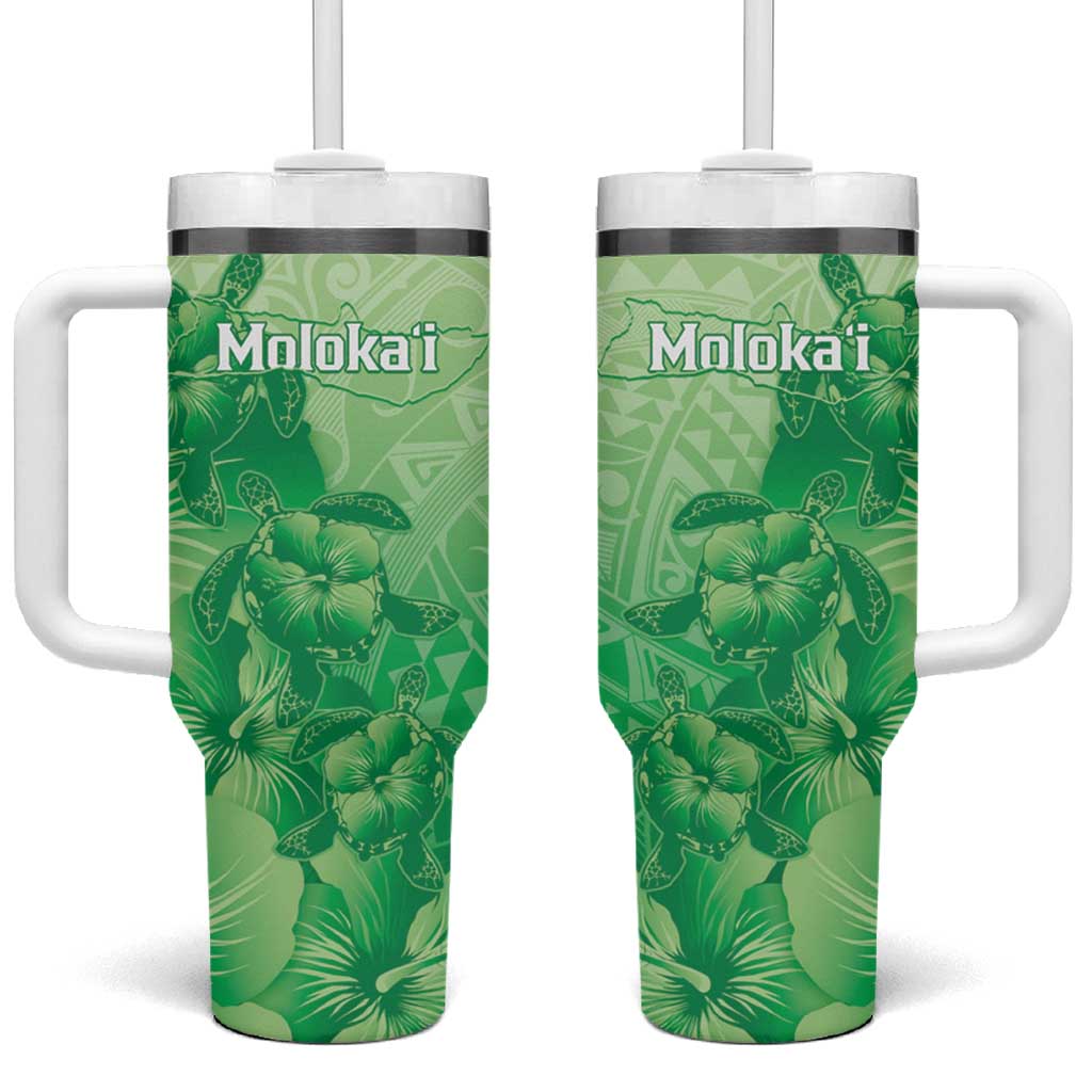 Aloha Hawaii Molokai Island Tumbler With Handle Hibiscus Tribal Honu Hawaiian Tattoo Green LT14 One Size: 40 oz Green - Polynesian Pride