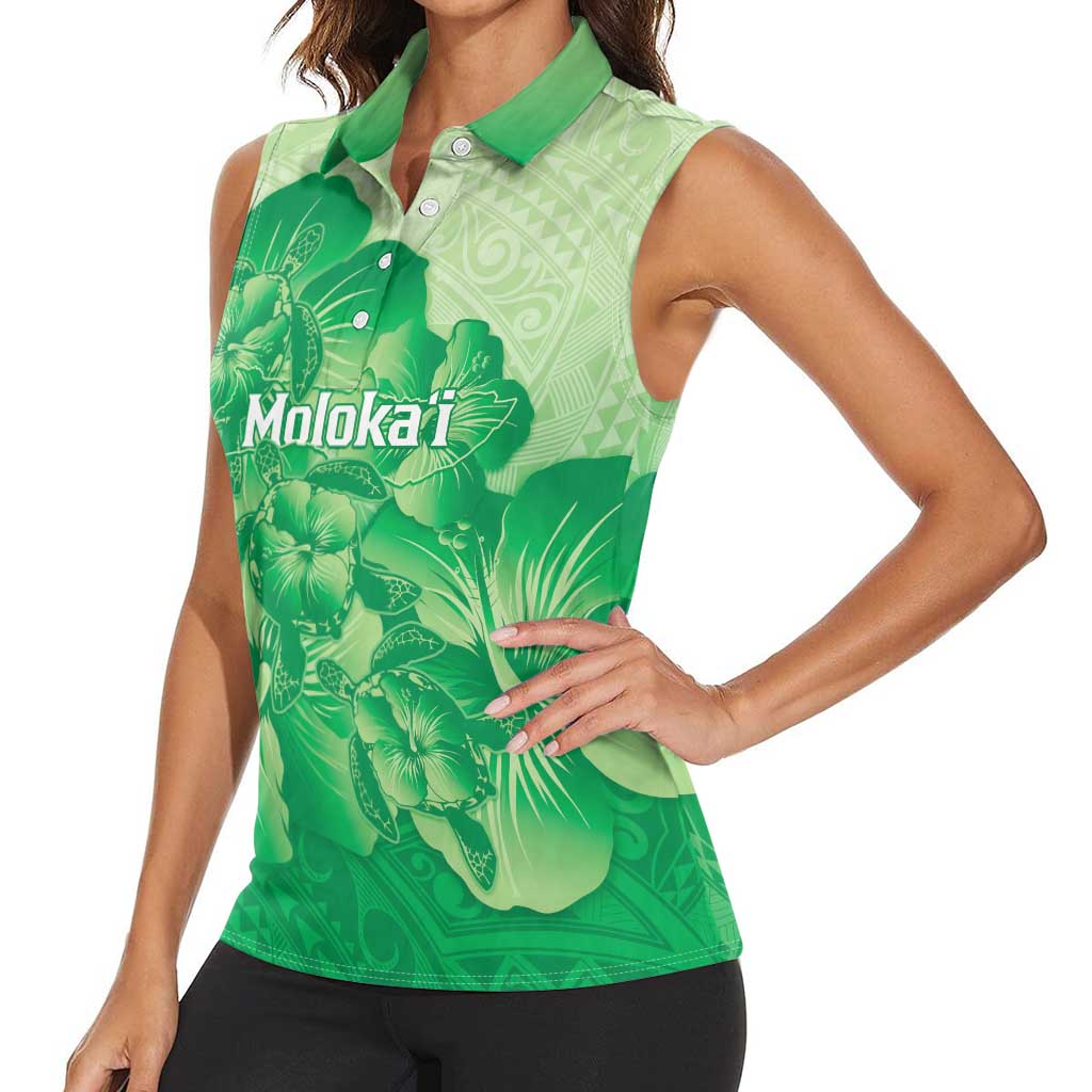 Aloha Hawaii Molokai Island Women Sleeveless Polo Shirt Hibiscus Tribal Honu Hawaiian Tattoo Green LT14 - Polynesian Pride