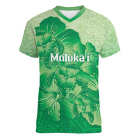 Aloha Hawaii Molokai Island Women V-Neck T-Shirt Hibiscus Tribal Honu Hawaiian Tattoo Green LT14 Female Green - Polynesian Pride