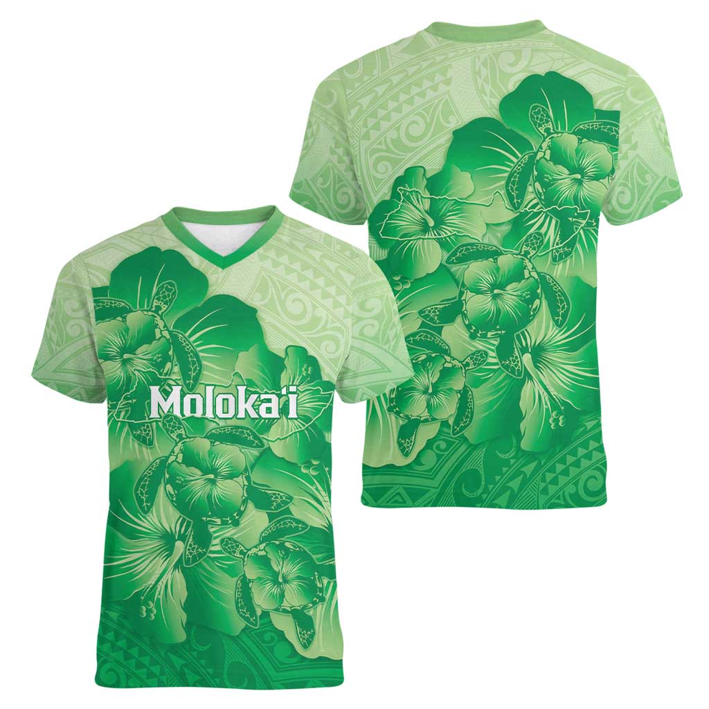 Aloha Hawaii Molokai Island Women V-Neck T-Shirt Hibiscus Tribal Honu Hawaiian Tattoo Green LT14 - Polynesian Pride