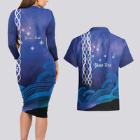 Personalised Matariki New Zealand Couples Matching Long Sleeve Bodycon Dress and Hawaiian Shirt Maori New Year Galaxy Koru Pattern LT14 - Polynesian Pride