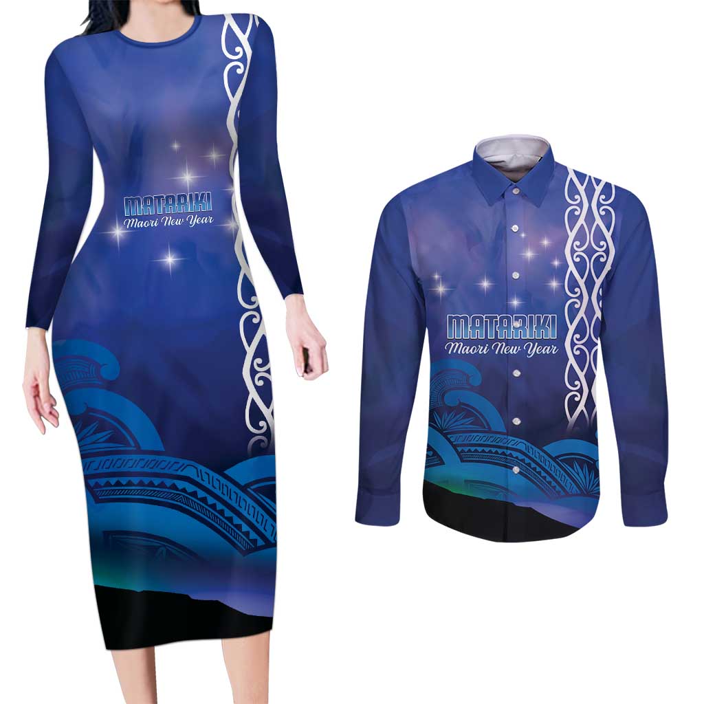 Personalised Matariki New Zealand Couples Matching Long Sleeve Bodycon Dress and Long Sleeve Button Shirt Maori New Year Galaxy Koru Pattern LT14 Blue - Polynesian Pride