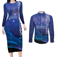 Personalised Matariki New Zealand Couples Matching Long Sleeve Bodycon Dress and Long Sleeve Button Shirt Maori New Year Galaxy Koru Pattern LT14 Blue - Polynesian Pride