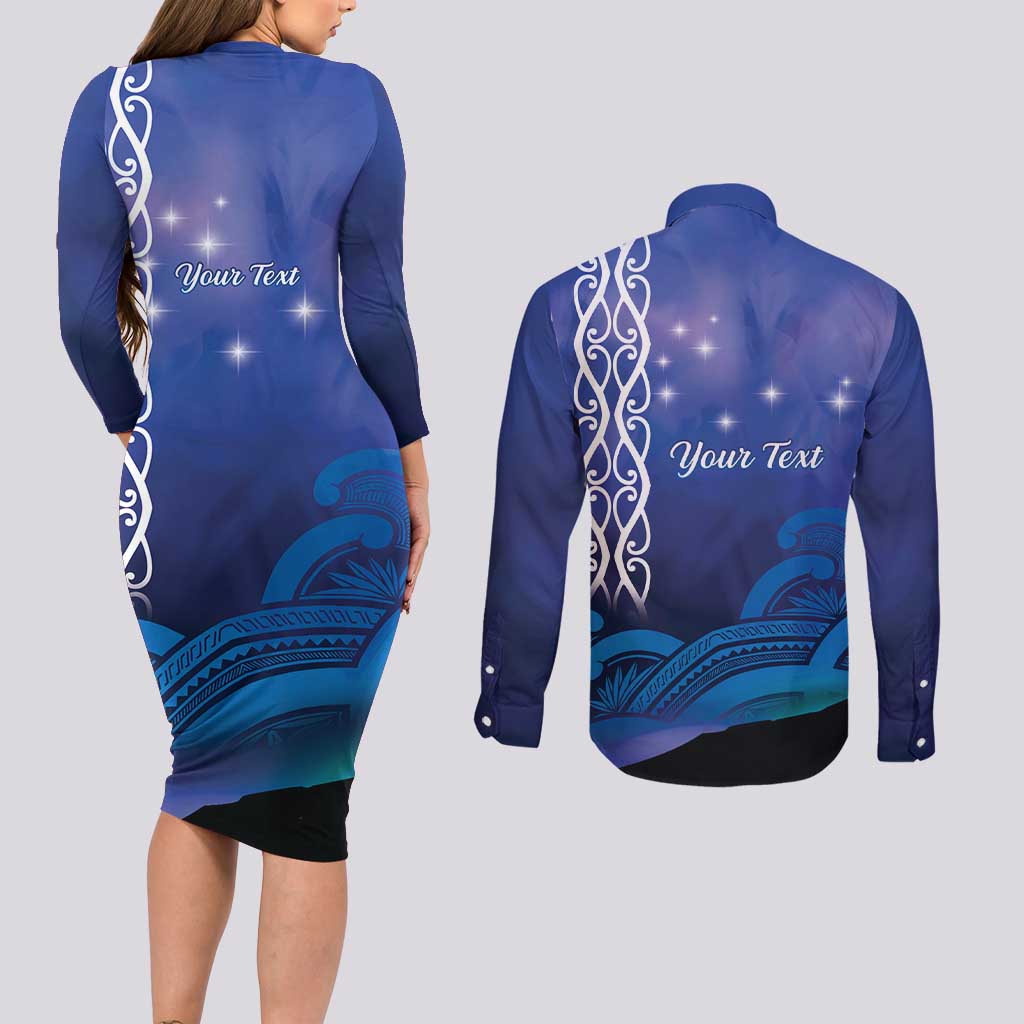Personalised Matariki New Zealand Couples Matching Long Sleeve Bodycon Dress and Long Sleeve Button Shirt Maori New Year Galaxy Koru Pattern LT14 - Polynesian Pride