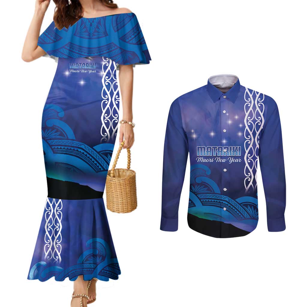 Personalised Matariki New Zealand Couples Matching Mermaid Dress and Long Sleeve Button Shirt Maori New Year Galaxy Koru Pattern LT14 Blue - Polynesian Pride