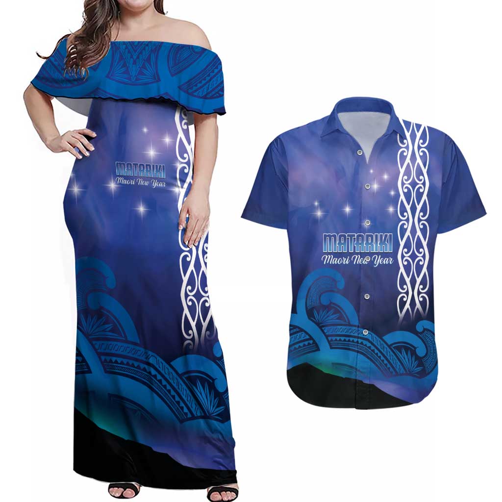 Personalised Matariki New Zealand Couples Matching Off Shoulder Maxi Dress and Hawaiian Shirt Maori New Year Galaxy Koru Pattern LT14 Blue - Polynesian Pride