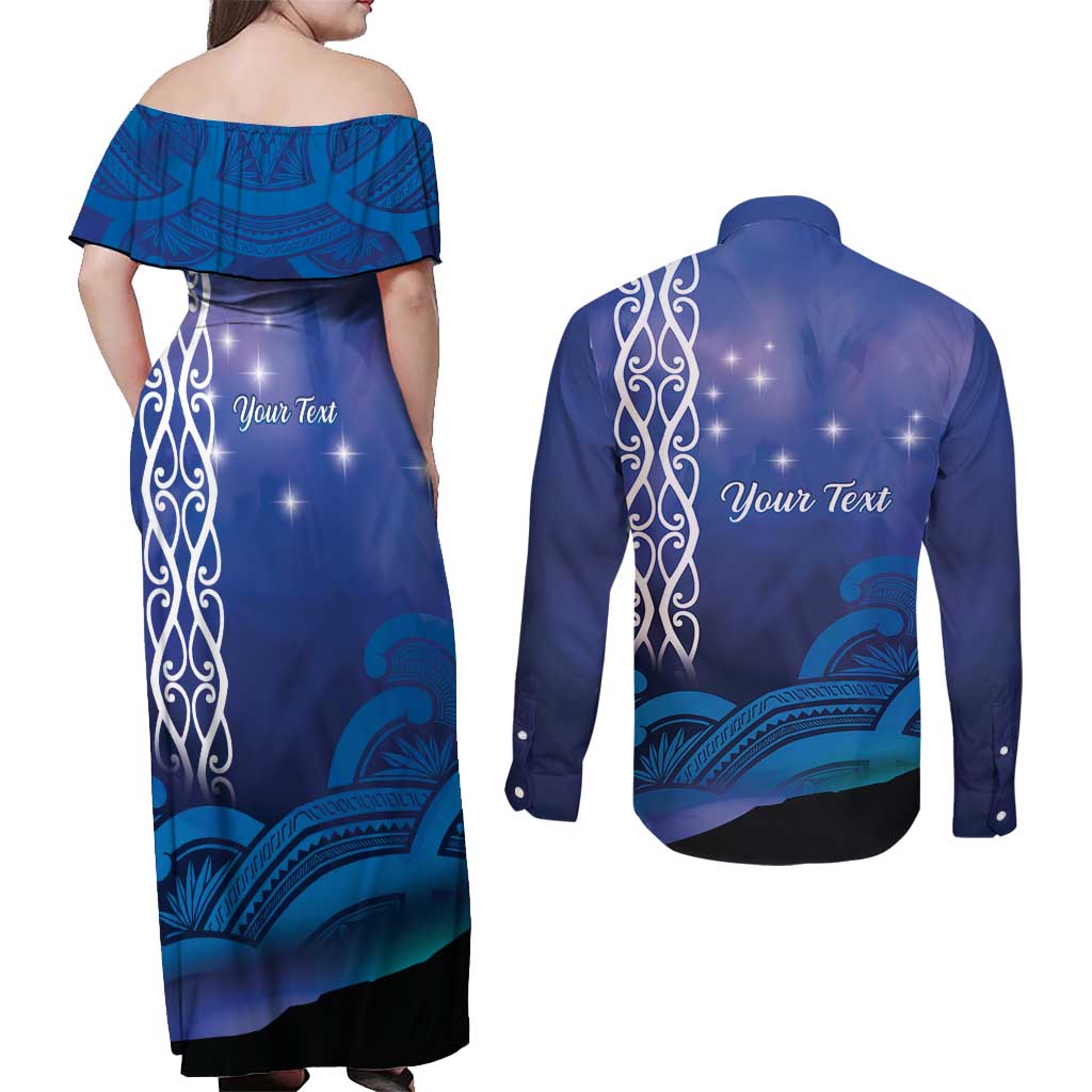 Personalised Matariki New Zealand Couples Matching Off Shoulder Maxi Dress and Long Sleeve Button Shirt Maori New Year Galaxy Koru Pattern LT14 - Polynesian Pride