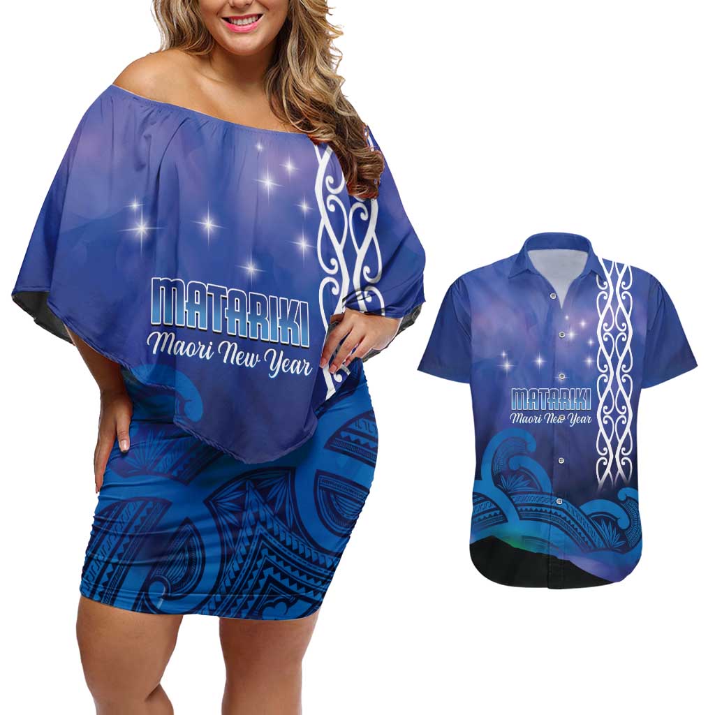 Personalised Matariki New Zealand Couples Matching Off Shoulder Short Dress and Hawaiian Shirt Maori New Year Galaxy Koru Pattern LT14 Blue - Polynesian Pride