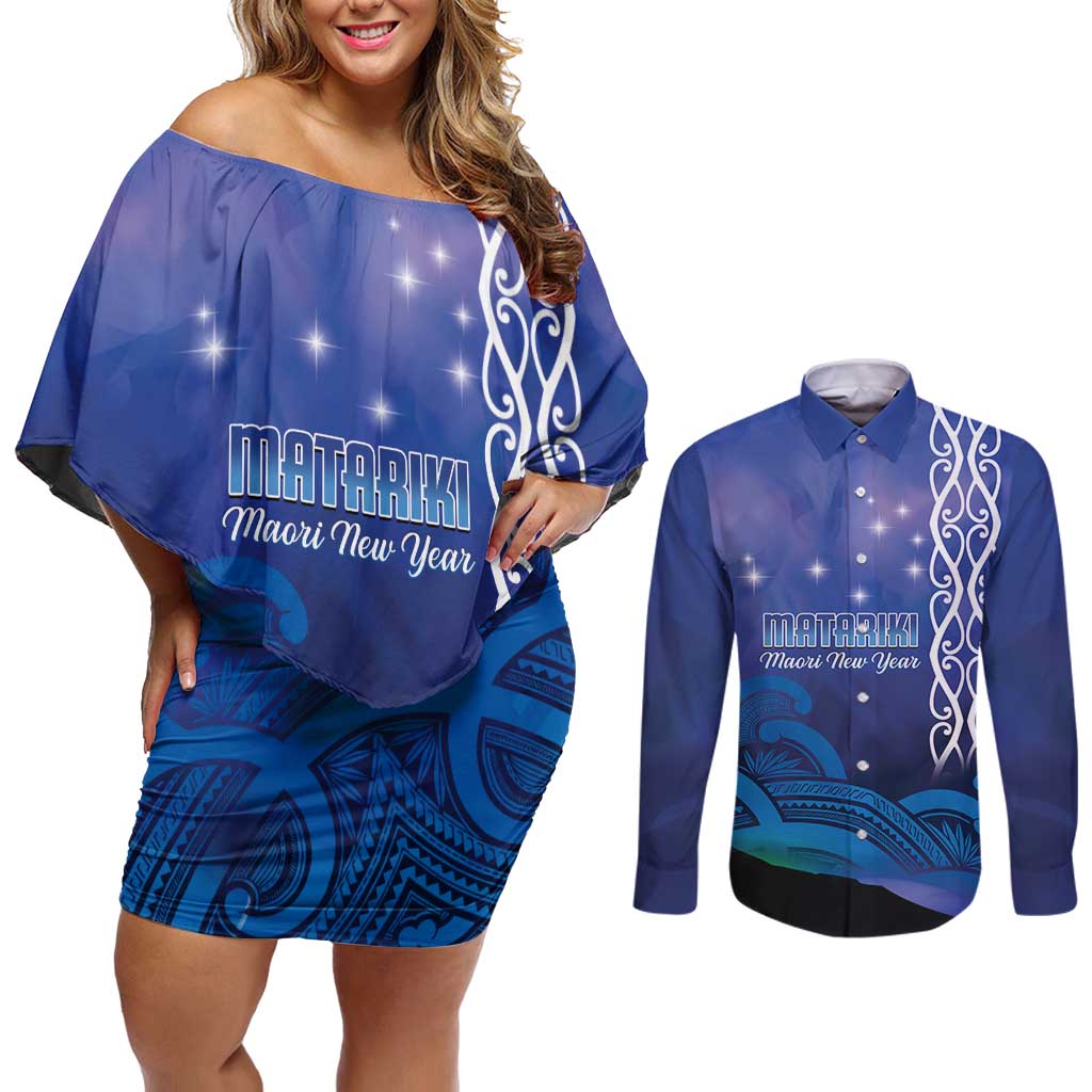 Personalised Matariki New Zealand Couples Matching Off Shoulder Short Dress and Long Sleeve Button Shirt Maori New Year Galaxy Koru Pattern LT14 Blue - Polynesian Pride