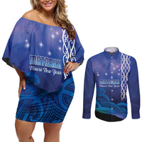 Personalised Matariki New Zealand Couples Matching Off Shoulder Short Dress and Long Sleeve Button Shirt Maori New Year Galaxy Koru Pattern LT14 Blue - Polynesian Pride