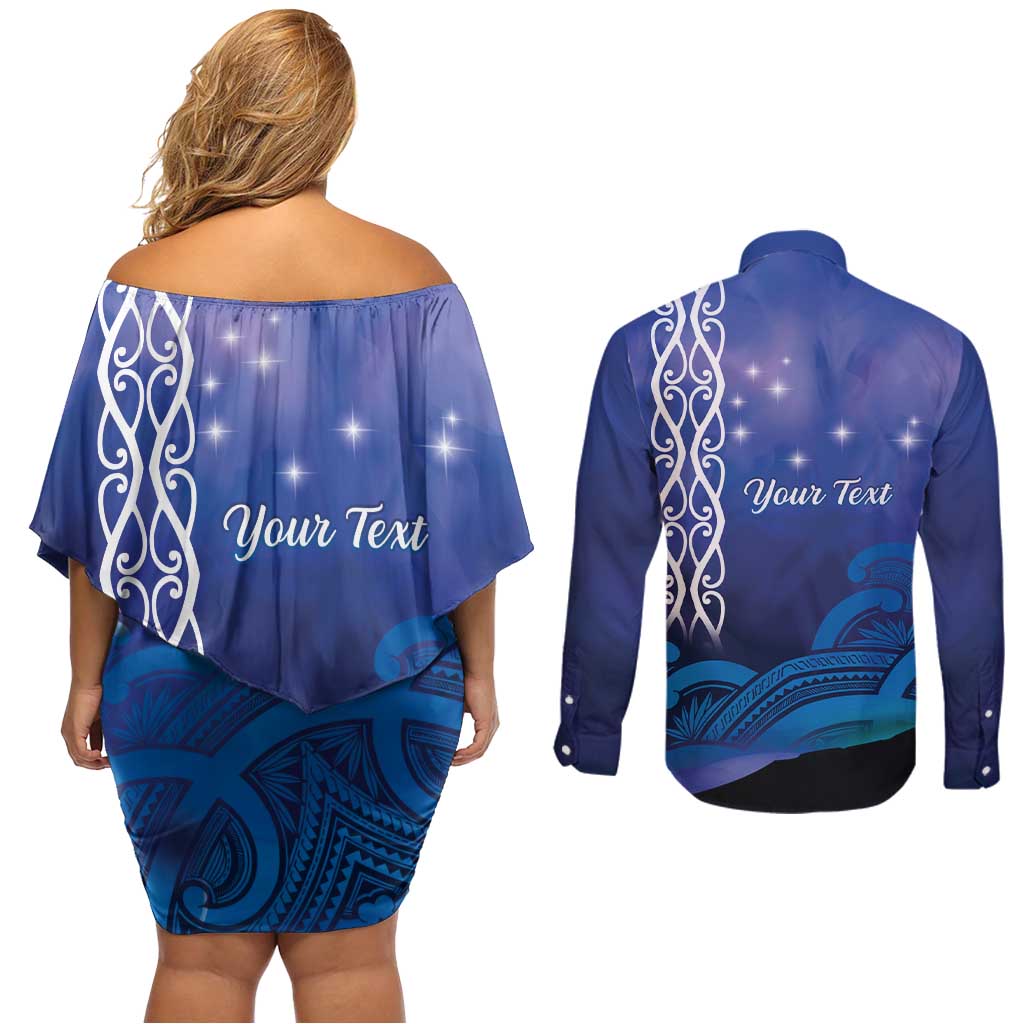 Personalised Matariki New Zealand Couples Matching Off Shoulder Short Dress and Long Sleeve Button Shirt Maori New Year Galaxy Koru Pattern LT14 - Polynesian Pride