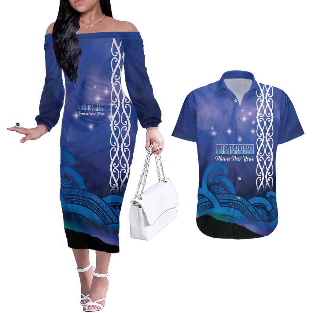 Personalised Matariki New Zealand Couples Matching Off The Shoulder Long Sleeve Dress and Hawaiian Shirt Maori New Year Galaxy Koru Pattern LT14 Blue - Polynesian Pride