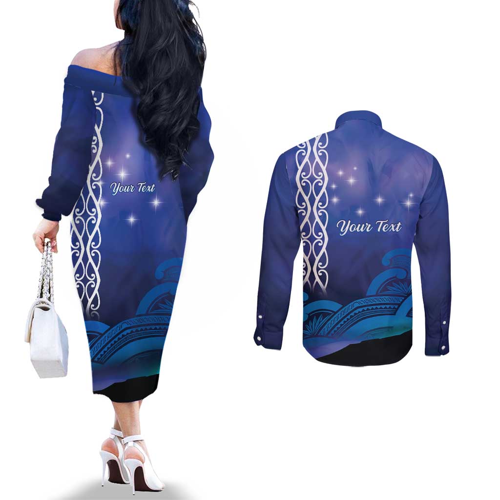 Personalised Matariki New Zealand Couples Matching Off The Shoulder Long Sleeve Dress and Long Sleeve Button Shirt Maori New Year Galaxy Koru Pattern LT14 - Polynesian Pride