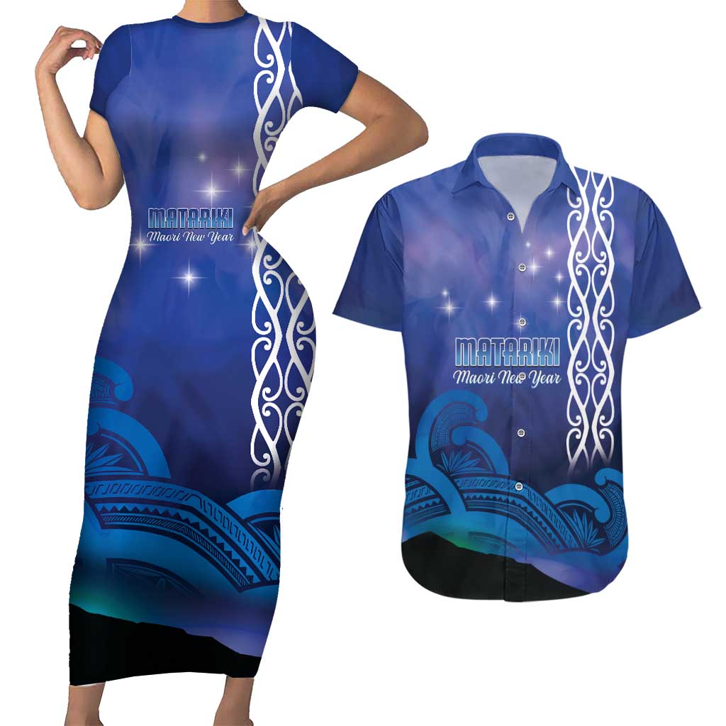 Personalised Matariki New Zealand Couples Matching Short Sleeve Bodycon Dress and Hawaiian Shirt Maori New Year Galaxy Koru Pattern LT14 Blue - Polynesian Pride