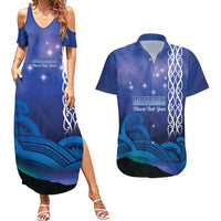 Personalised Matariki New Zealand Couples Matching Summer Maxi Dress and Hawaiian Shirt Maori New Year Galaxy Koru Pattern LT14 Blue - Polynesian Pride