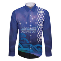 Personalised Matariki New Zealand Family Matching Mermaid Dress and Hawaiian Shirt Maori New Year Galaxy Koru Pattern LT14 Dad's Shirt - Long Sleeve Blue - Polynesian Pride