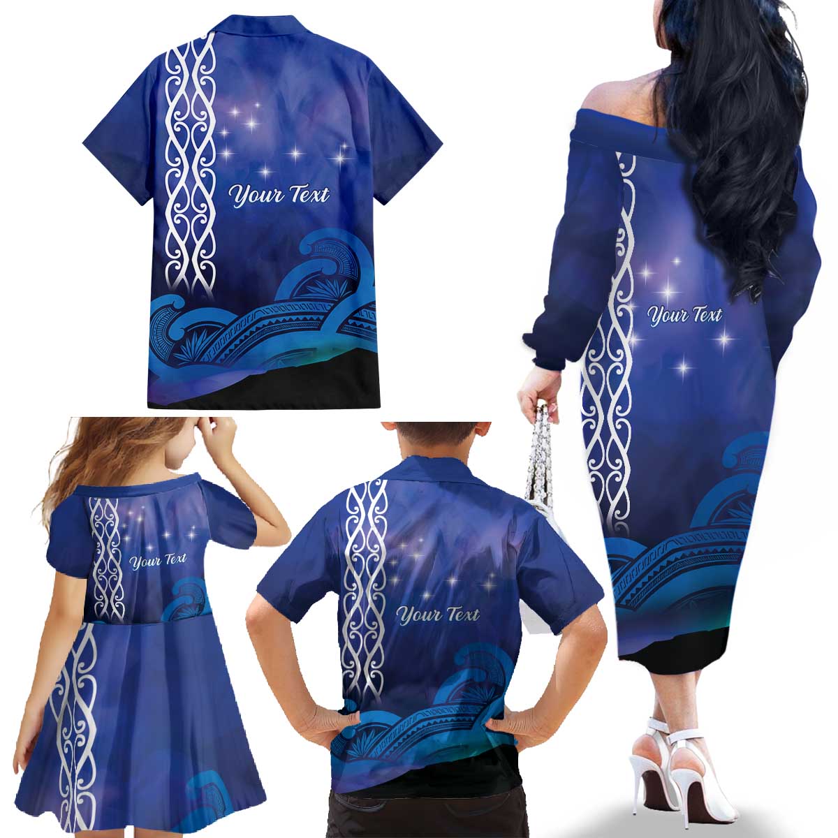 Personalised Matariki New Zealand Family Matching Off The Shoulder Long Sleeve Dress and Hawaiian Shirt Maori New Year Galaxy Koru Pattern LT14 - Polynesian Pride