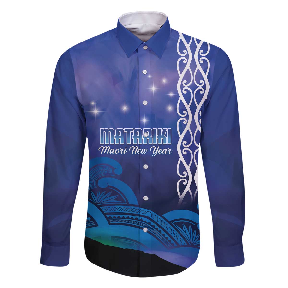 Personalised Matariki New Zealand Family Matching Off The Shoulder Long Sleeve Dress and Hawaiian Shirt Maori New Year Galaxy Koru Pattern LT14 Dad's Shirt - Long Sleeve Blue - Polynesian Pride